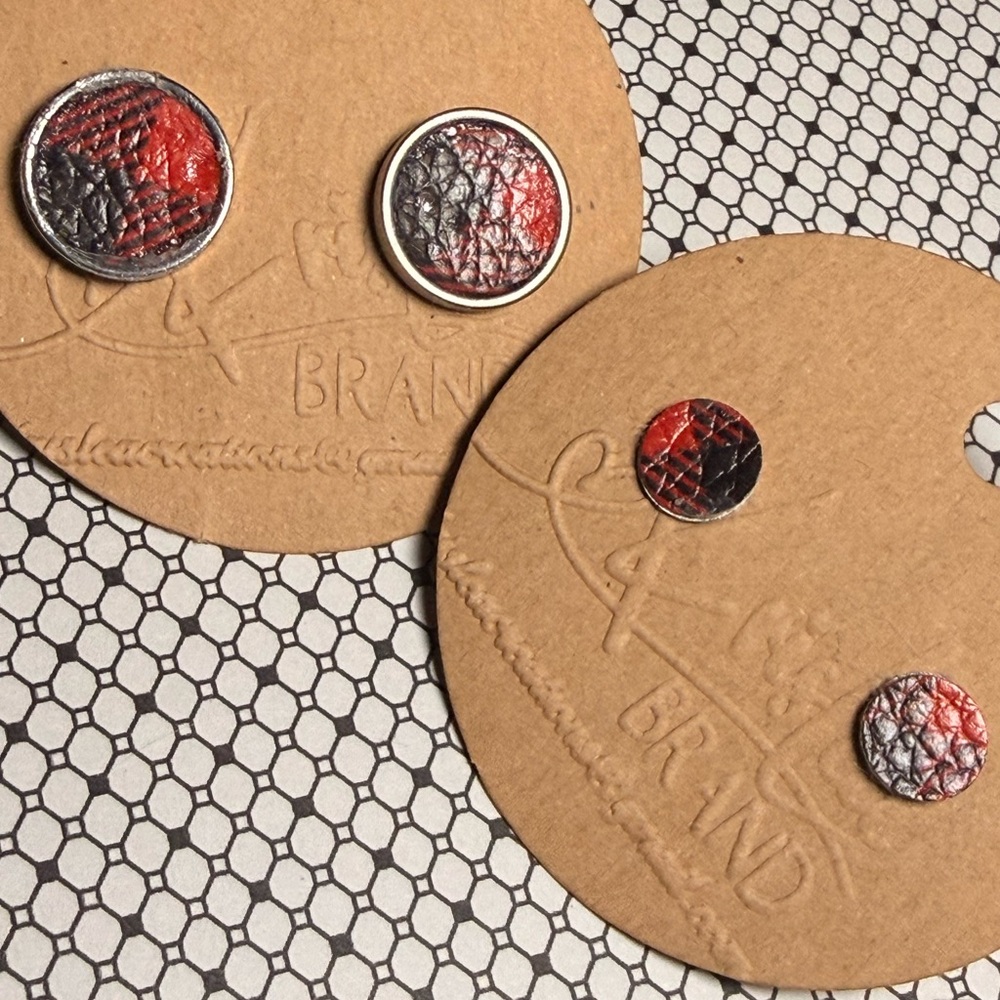 Leather-look Red & Black Button Stud Earrings